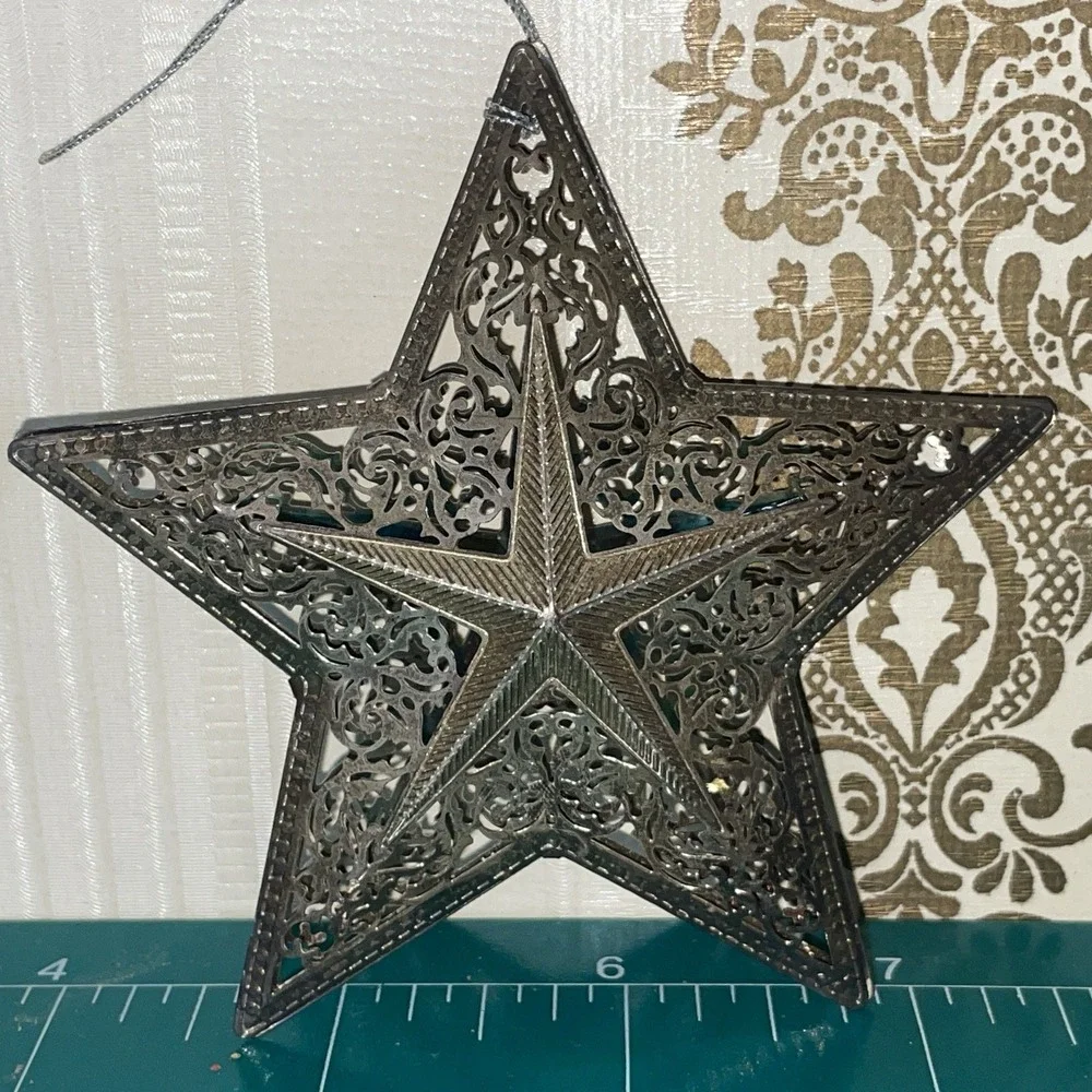 x2 Decorative Star Ornament Silver Colored Metal Intricate Punched Tin Filigree